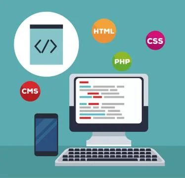 Color background tech computer with icons programming language and mobile phone Stockillustratie