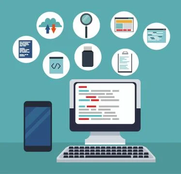 Color background tech computer with icons programming codes and smartphone Illustrazione stock