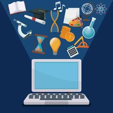 Color background tech laptop with light halo icons academic knowledge Stock Illustration