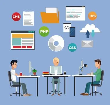 Color background with web developer group men in desk programming language Stock Illustration