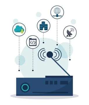 Color background with wireless router in closeup and network communication icons Illustrazione stock