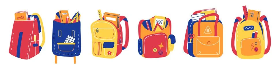 Color backpacks with school elements. Bright students stationery, children 스톡 일러스트