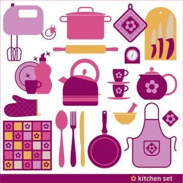 Color backround set of kitchen icons on white. Stock Illustration