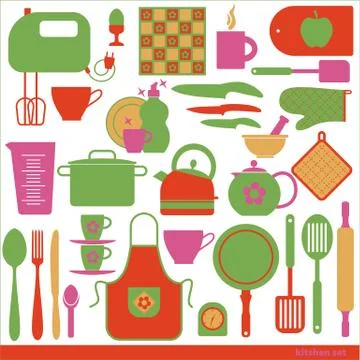 Color backround set of kitchen icons on white. Stock Illustration