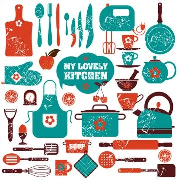 Color backround set of kitchen icons on white. Stock Illustration