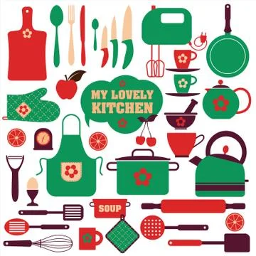 Color backround set of kitchen icons on white. Stock Illustration