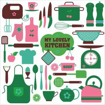 Color backround set of kitchen icons on white. Stock Illustration