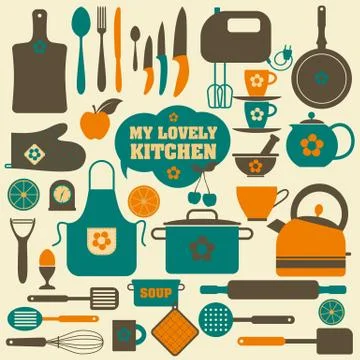 Color backround set of kitchen icons on white. Stock Illustration