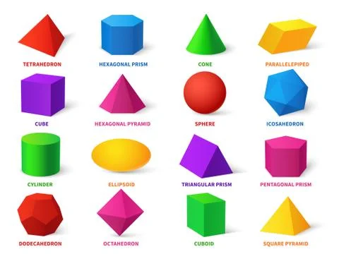 Color basic shapes. Realistic 3d geometric forms cube and ellipsoid, cylinder Illustrazione stock