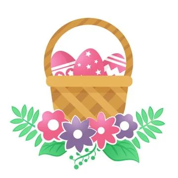 Color basket with Easter eggs and flowers on a white background. Stock Illustration