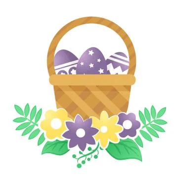 Color basket with Easter eggs and flowers on a white background. Stock Illustration