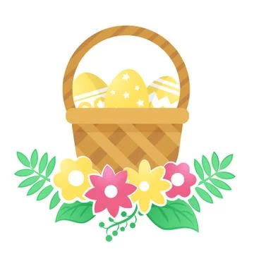 Color basket with Easter eggs and flowers on a white background. Stock Illustration