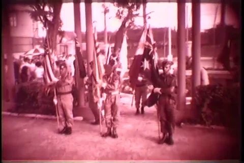Color bearers and dignitaries take positions for ribbon-cutting ceremony - 1968 Stock Footage 89715355