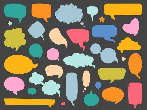 Color blank speech bubbles. Empty comics talk, dialogue clouds, doodle style Illustrazione stock