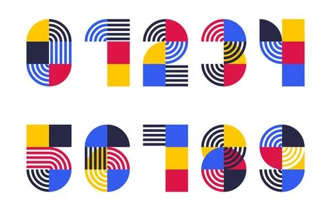 Color Block Number Set with Bold Geometric Shapes and Striped Accents in Pr.. Stock-Illustration