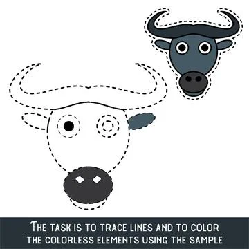 Color Buffalo Face. Restore dashed lines. Color the picture elements. Page to Stock Illustration