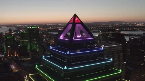 Color-Changing Pyramid LEDs Crown Place Ville Marie at Night Stock Footage 345269531