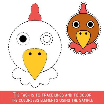 Color Chicken Face. Restore dashed lines. Color the picture elements. Page to Illustrazione stock