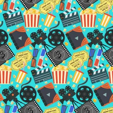 Color cinema pattern with camera, tickets, popcorn Stock Illustration