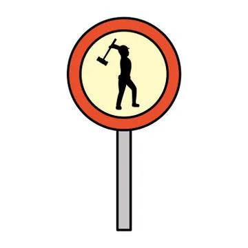 Color circle caution emblem and laborer with mallet Stock Illustration