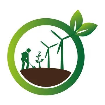 Color circular frame with farmer and wind turbines Stock Illustration