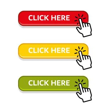 Color Click Here Button Set with Hand Pointer. Vector Illustrazione stock