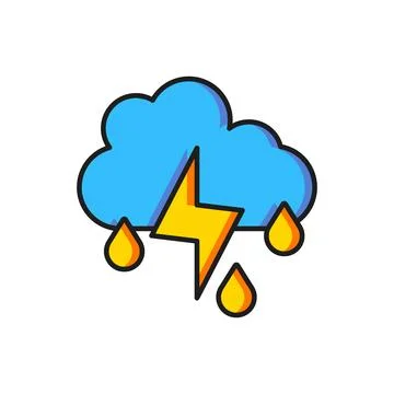 Color Cloud with rain and lightning icon isolated on white background. Rain.. Stock Illustration