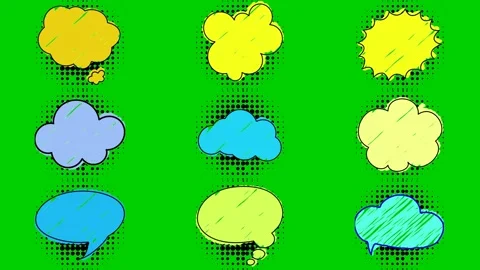 Color clouds on green screen featuring yellow blue green cloud comic speech Stock Footage 334704512