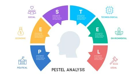 Color-Coded Circular PESTEL Framework Around Head Outline イラスト素材