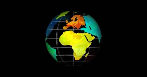 Color-coded Earth globe appearing on solid black background, with white grid Stock Photos