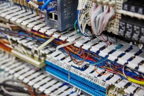 Color-Coded Electrical Wiring and Terminal Blocks in Industrial Setting Stock Photos
