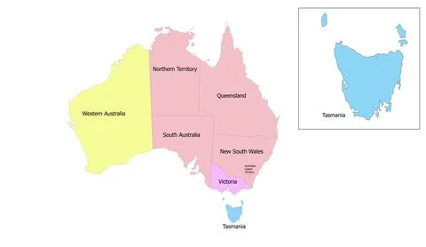 Color coded map of Australia showing states and territories with distinct Stock Illustration