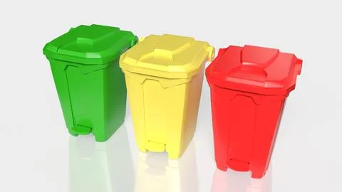 Color Coded Recycling Bins Isolated on White Background 3d render. Illustrazione stock