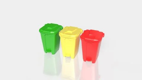 Color Coded Recycling Bins Isolated on White Background 3d render. Illustrazione stock