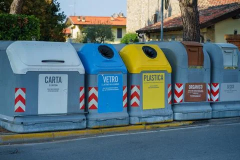 Color Coded Recycling Containers for Waste Separation in European Town Stock Photos