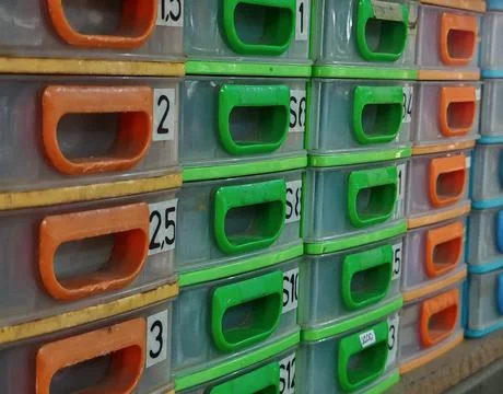 Color Coded Storage Drawer Organizer for Parts and Inventory Stock Photos