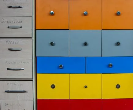 Color-coded storage system for workshop tools and hardware Stock Photos