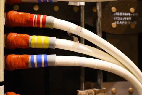 Color coded white aircraft electrical cables Stock Photos