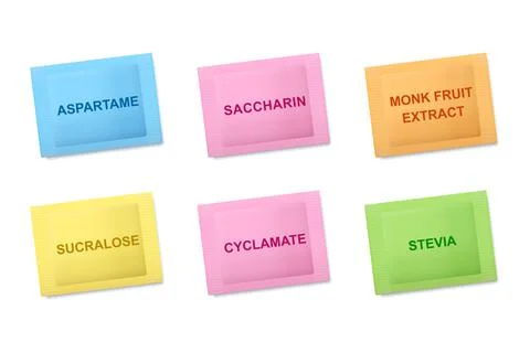 Color codes of sugar substitute packets, sweetener pouches, color definition 库存插图