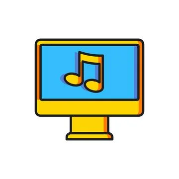 Color Computer with music note symbol on screen icon isolated on white back.. Stock Illustration