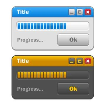 Color Computer Windows Set with Loading Progress Bar and Button Ok. Vector Stock Illustration