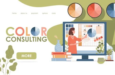 Color consulting vector flat landing page template. Woman showing color Stock Illustration
