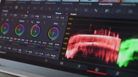 Color correction program with color scopes, parade and wheels. Color grading Stock Footage 196632089