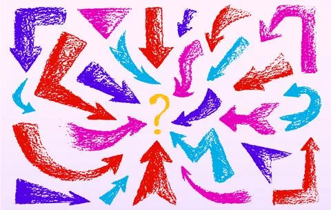 Color crayon arrows pointing at question mark Stock Illustration