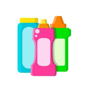 Color different bottles with shampoo, liquid soap and cleaner in flat style o Stock Illustration