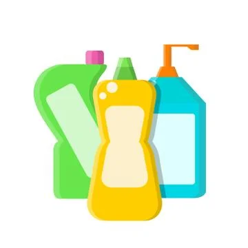 Color different bottles with shampoo, liquid soap and cleaner in flat style o Stock Illustration