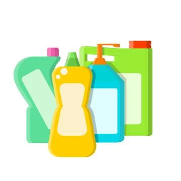Color different bottles with shampoo, liquid soap and cleaner in flat style o Stock Illustration