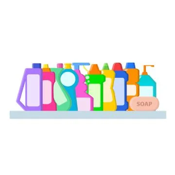 Color different bottles with shampoo, liquid soap and cleaner in flat style o Stock Illustration