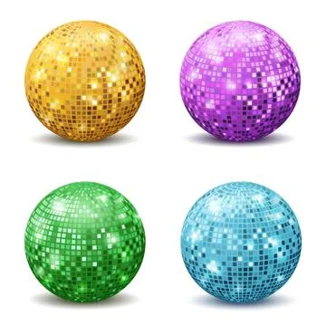Color disco balls. Realistic reflection ball mirrored disco party silver glitter Stock Illustration