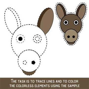 Color Donkey Face. Restore dashed lines. Color the picture elements. Page to  Stock Illustration